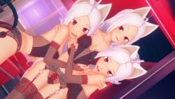 3d 3girls cerberus_(helltaker) demon dog_ears female female_only greensister helltaker red_eyes tagme white_hair