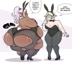 2023 2girls ass bbw belly blonde_hair blush breasts bunny_ears bunny_girl bunny_tail bunnysuit chubby chubby_female dialogue elf elf-san_wa_yaserarenai elf_ears elf_female elfuda embarrassed english english_text fat fat_ass female_focus female_only gigantic_ass hi_res high_resolution highres hips huge_ass huge_belly huge_breasts huge_thighs kuroeda laugh noh-buddy overweight overweight_female plump ponytail ripped_clothing speech_bubble sweatdrop text thick_ass thick_thighs thighs voluptuous wardrobe_malfunction white_hair wide_hips