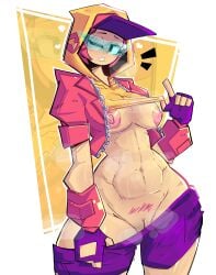 athletic_female biting_lip blue-tinted_eyewear brawl_stars breasts dierelc exposed_breasts exposed_pussy female_pubic_hair gloves hairy_pussy heart hoodie max_(brawl_stars) no_bra no_panties pubic_hair pulled_by_self red_hair streetwear_max tinted_eyewear