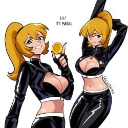 1girls blonde_female blonde_hair blue_eyes bra cleavage coin female female_focus female_only leather leather_clothing leather_gloves leather_jacket leather_pants light-skinned_female light_skin marri_(selvish94) midriff navel oc original original_character selvish94 stretching