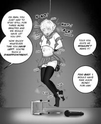 1boy air_dancing ankle_cuffs ankles_tied asphyxiation bagging bondage bound bound_ankles bound_wrists choking crossdressing english_text femboy hanged hanged_(stool) hanging imminent_death male malesub noose snuff text thigh_highs thighhighs twink zincubis
