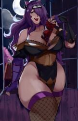 1girls alternate_costume alternate_hairstyle bare_thighs between_breasts breasts camilla_(fire_emblem) camilla_(ninja)_(fire_emblem) cleavage fire_emblem fire_emblem_fates fire_emblem_heroes hair_over_one_eye kunoichi large_breasts long_hair moon night ninja nintendo object_between_breasts official_alternate_costume official_alternate_hairstyle ponytail purple_hair puzzled_artist solo thick_thighs thighhighs thighs window