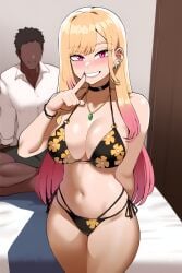 1boy 1girls ai_generated arms_behind_back bikini blonde_hair cheating cleavage dark-skinned_male female finger_to_mouth kitagawa_marin looking_at_viewer mommy netorare pink_eyes pink_hair sono_bisque_doll_wa_koi_wo_suru thetisai two_tone_hair