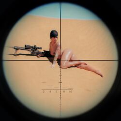 call_of_duty calves dark_nipples desert gun knees looking_back mara_(cod) midriff naked_female nv3d perfect_legs sand sniper_rifle stomach tattoo tattoos thick_thighs thighs