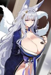 1girls 2d ai_generated azur_lane blue_eyes clothed female female_only fox_ears fox_girl fox_tail light-skinned_female light_skin long_hair netorare observai queen_of_spades sakura_empire_(azur_lane) shinano_(azur_lane) spade_tattoo tattoo white_hair