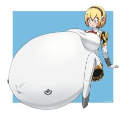 :o aegis_(persona) aigis_(persona) arm_support blush colossal_belly fetal_movement huge_breasts hyper_pregnancy immobile kakuajialter looking_down persona persona_3 pregnant robot robot_girl signature suprised