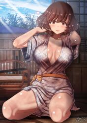 1girls akiyama_yukari aquaegg blush breasts brown_eyes brown_hair cleavage female girls_und_panzer hi_res japanese_clothes kimono large_breasts looking_at_viewer no_bra onsen open_mouth short_hair smile solo