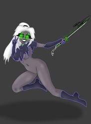 bright bright_colors bright_eyes commission dominant dominant_female glowing glowing_eyes glowing_markings glowing_sword green_collar green_eyes grey_background grey_body grey_skin jo-el_(retzhuko) katana oc original_character posing purringnsfw retzhuko_(artist) ripped_clothing smiling sword white_hair