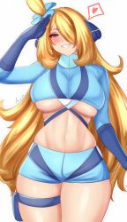 anisdrawn blonde blonde_female blonde_hair blonde_hair_female blue_gloves blue_shorts cosplay crop_top croptop cynthia_(pokemon) game_freak gloves grey_eyes large_breasts nintendo pokemon pokemon_bw pokemon_dppt short_shorts shorts silver_eyes skyla_(pokemon) skyla_(pokemon)_(cosplay) thigh_strap thigh_straps