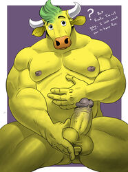 anthro ball ball_fondling balls belly big_penis bovid bovine cattle dialogue digital_media_(artwork) erection fondling genitals green_hair hair heffer_wolfe hi_res horn humanoid_genitalia humanoid_penis looking_at_viewer male male_only mammal masturbation musclegut muscular nickelodeon nipples nude penile penis presenting presenting_penis rocko's_modern_life self_grope simple_background solo spreading text thick_penis thick_thighs tush yellow_body