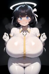 1girls ai_generated angel_girl azazel_(helltaker) blue_eyes cowboy_shot daidouji_(artist) daidoujipv gigantic_breasts halo helltaker large_breasts nervous nervous_smile religious_clothing sagging_breasts short_hair white_gloves white_pants white_shirt