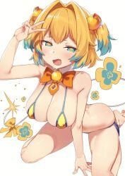 +_+ 1girls :d aqua_eyes aqua_hair arched_back arm_support arm_up bangs bare_shoulders barefoot bikini blonde_hair blue_eyes blue_hair blush bombergirl bow bowtie breasts cleavage covered_nipples detached_collar fangs female fuse_tail grenade_hair_ornament hair_intakes hair_ornament half-closed_eyes hand_up kylin large_breasts lit_fuse looking_at_viewer micro_bikini multicolored_hair open_mouth orange_bow peace_sign pine_(bombergirl) ribbon shiny shiny_skin short_hair shortstack side-tie_bikini_bottom simple_background sitting skin_fangs skindentation smile smug smug_face solo string_bikini swimsuit symbol-shaped_pupils thighs two-tone_hair two_side_up v v_sign wariza white_background yellow_bikini yellow_pupils yellow_ribbon