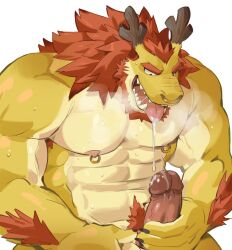 1boy arm_hair bara dragon_boy dragon_horns facial_hair furry furry_male horns male_focus male_masturbation male_only masturbation muscular muscular_male nipple_piercing nose_piercing original penis piercing pubic_hair saliva saltypoundcake sweat tongue tongue_out white_background