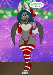 2023 anthro anthro_only bat bat_wings blue_eyes blush christmas christmas_clothing christmas_headwear clothing dialogue english_text green_hair hair hat headgear headwear hi_res holidays legwear male male_only mammal membrane_(anatomy) membranous_wings navel nipples santa_hat skidd solo text thigh_highs thong uberquest underwear valmont_barlowe wings yellow_sclera