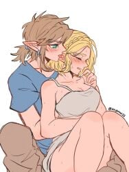 1boy 1boy1girl 1girls aorin bare_legs big_breasts blonde_hair blush closed_eyes elf elf_ears elf_female embarrassed embarrassed_female embrace female hugging legs_together legs_up licking licking_ear link link_(tears_of_the_kingdom) male princess_zelda sleeveless_shirt tears_of_the_kingdom the_legend_of_zelda wholesome zelda_(tears_of_the_kingdom)