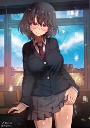 1girls aquaegg black_hair blush breasts classroom closed_mouth female glasses highres indoors large_breasts looking_at_viewer mole mole_under_eye original purple_eyes school_uniform short_hair skirt solo suggestive suggestive_look