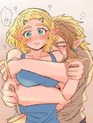 1boy 1boy1girl 1girls aorin arm_under_breasts arms_around_waist big_breasts blonde_hair blush breast_squeeze breast_squish closed_eyes elf elf_ears elf_female embarrassed embarrassed_female embrace female hugging link link_(tears_of_the_kingdom) male princess_zelda question_mark sleeveless_shirt tears_of_the_kingdom the_legend_of_zelda wholesome zelda_(tears_of_the_kingdom)