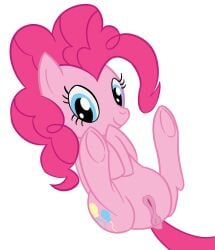 absurd_res animal_genitalia anus bitterestball blue_eyes cutie_mark eyelashes female feral friendship_is_magic fur genitals hair hasbro hi_res hooves legs_up lying messy_hair my_little_pony on_back pink_body pink_fur pink_hair pinkie_pie_(mlp) pussy smile solo spread_legs spreading tail