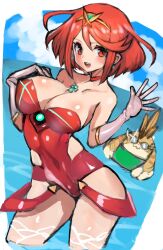 1boy 1girls beach breasts choker clouds core_crystal dakusuta earrings gloves large_breasts looking_at_viewer nintendo nopan ocean one-piece_swimsuit outside pyra red_eyes red_hair red_one-piece_swimsuit red_swimsuit short_hair sky swimsuit tiara tora_(xenoblade) water xenoblade_(series) xenoblade_chronicles_2