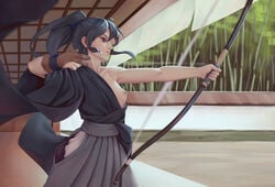 bigrbear black_hair bow_and_arrow casual_exposure female female_only hakama japanese_clothes one_breast_out original ponytail robe solo