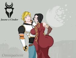 1boy 1girls big_ass big_breasts cinder_fall clothed hands_on_hips hero_and_villain jaune_arc nervous_smile omnipotrent rooster_teeth rwby smiling_at_viewer