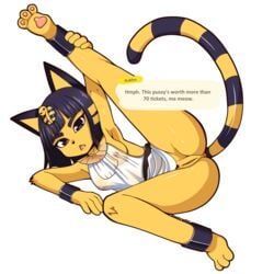 1girls 2020 alternate_body_type alternate_breast_size animal_crossing animal_humanoid ankha ankha_(animal_crossing) anklet anthro areolae black_eyes black_hair blue_eyeliner blue_eyeshadow blue_hair bob_cut bottomless bracelet breasts cat_ears cat_paws cat_tail catgirl cute dialogue egyptian english_text eye_contact eyelashes eyeliner feline female flexible fringe fur furry furry_only half-closed_eyes hud looking_at_viewer mammal medium_hair nintendo nipples on_side open_mouth partially_clothed petite presenting_pussy price prostitution pubic_hair pussy see-through_clothing solo spreading striped_tail tail teenager text topwear uncensored wide_hips yellow_fur