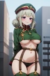 ai_generated araga_kiwi arms_behind_back bangs belt black_panties blush breasts closed_mouth cowboy_shot double_bun female garter_belt garter_straps green_headwear green_jacket green_thighhighs grey_hair hair_bun hat highres large_breasts leopard_(mahou_shoujo_ni_akogarete) long_sleeves looking_at_viewer mahou_shoujo_ni_akogarete midriff military military_uniform navel outdoors panties purple_eyes self-upload smile solo solo_focus stomach thighhighs thighs underboob underwear uniform wombat9043