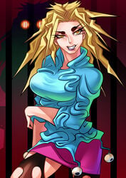 1girls 2014 bars blonde_hair breasts eyelashes female glowing_eyes highres human jail_house_lock jojo's_bizarre_adventure large_breasts light-skinned_female light_skin lipstick long_hair makeup matching_hair/eyes miuccia_miuller pantyhose pom_pom_(clothes) prison_bars purple_lipstick ryuusei_(mark_ii) shounen_jump silhouette skirt smile solo spiky_hair standing stockings stone_ocean sweater teeth thighs tight_clothing yellow_eyes