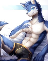 1boy 2020 abs alternate_version_at_source anthro black_bottomwear black_clothing black_nose black_shorts blue_body blue_eyes blue_fur bottomwear bulge canid canine canis cheek_tuft claws clothed clothing facial_tuft fangs finger_claws fur head_tuft hi_res inner_ear_fluff ivan-jhang kemono lying male male_only mammal on_back pawpads shaded shadow shorts simple_background solo solo_male topless tuft white_background white_body white_claws white_fur wolf