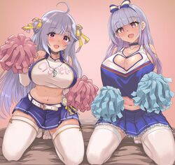 2girls armwear azur_lane blush cheerleader choker cleavage cygnet_(azur_lane) dido_(azur_lane) female female_only hair_bun hair_ribbon hairbow huge_breasts long_hair midriff necklace open_mouth pink_eyes pom_poms purple_hair revealing_clothes smile sweat tagme thick_thighs thighhighs tight_clothing upanishi whistle