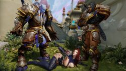 2boys 3d 3d_(artwork) andrea_dawn big_ass big_breasts blue_eyes choker clothed dalaran draenei_male female grass handwear helping_hand human_(world_of_warcraft) human_male looking looking_at_another on_the_ground public red_hair tattoo warcraft world_of_warcraft