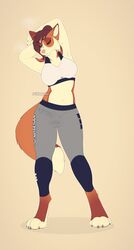 2020 4_toes anthro barefoot brown_hair canid canine canis closed_eyes digital_media_(artwork) digitigrade domestic_dog gynomorph hair hi_res intersex mammal midriff navel rylee_(senimasan) senimasan solo toes