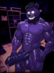 1boy anthro_only balls ballsack bara bara_tiddies bara_tits bluethewater cumming five_nights_at_freddy's fnaf gay huge_cock leaking_cum male_only muscular muscular_anthro muscular_legs muscular_male muscular_thighs purple_skin shadow_freddy shadow_freddy_(fnaf) white_eyes