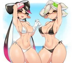 +_+ 2girls absurdres arm_up armpits bikini black_bikini black_hair blue_sky border breasts callie_(splatoon) cameltoe cleft_of_venus collarbone cowboy_shot day gloves gradient_border gradient_hair green_hair grey_hair hair_ornament highres holding_hands large_breasts long_hair looking_at_viewer marie_(splatoon) mole mole_under_eye multicolored_hair multiple_girls navel nintendo ocean open_mouth parted_bangs pink_hair pointy_ears shnibbles short_hair side-tie_bikini_bottom sky smile splatoon splatoon_(series) splatoon_1 standing steam sweat swimsuit tentacle_hair thick_eyebrows water white_bikini white_border white_gloves yellow_eyes