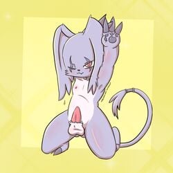 1:1 claws collar digimon digimon_(species) erection felid fur gazimon genitals hi_res hybrid lagomorph looking_at_viewer male male_only mammal nipples nude penis raised_arm red_eyes redbright simple_background smile solo