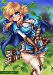 arrow_(projectile) blonde_hair blue_eyes boots bow_(weapon) breasts breath_of_the_wild cape cleavage closed_mouth dress earrings female fingerless_gloves gauntlets genderswap_(mtf) gloves grass hood hooded_cape jewelry large_breasts leaf link link_(breath_of_the_wild) nintendo outdoors pointy_ears rule_63 sevie short_sleeves sidelocks solo the_legend_of_zelda the_legend_of_zelda:_breath_of_the_wild thighhighs thighs weapon white_thighhighs