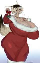 1girls breasts chanxswan christmas_outfit huge_breasts mistletoe text thick_thighs thighs