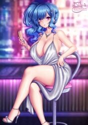 1girls artist_logo azur_lane bare_arms bare_legs bare_shoulders blue_hair blue_nails bracelet breasts champagne_flute cleavage crossed_legs cup dress drinking_glass eagle_union_(azur_lane) evening_gown hair_ornament hairclip high_heels highres holding holding_cup indoors jewelry large_breasts light-skinned_female light_skin looking_at_viewer nail_polish necklace official_alternate_costume pink_eyes plunging_neckline revealing_clothes sevie side_ponytail sidelocks silver_dress silver_footwear sitting st._louis_(azur_lane) st._louis_(luxurious_wheels)_(azur_lane)