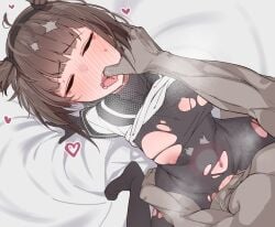 1boy absurdres bed_sheet black_bodysuit black_sailor_collar blush bodysuit breasts brown_hair closed_eyes clothed_female_nude_male female finger_in_another's_mouth foreshortening hatsuzuki_(kantai_collection) heart highres kantai_collection medium_breasts nipples nose_blush nude open_mouth sailor_collar saliva sex shiawase_hougan solo_focus straight sweat tongue torn_bodysuit torn_clothes