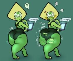 1girls angry ass ass_expansion big_ass blush bottom_heavy cartoon_network clothing confused embarrassed english_text expansion fat_ass fat_thighs female gem_(species) green_skin growth huge_ass looking_back multiple_images peridot_(steven_universe) ripped_clothing ripped_pants ripping_clothing self_upload simple_background solo solo_female speech_bubble steven_universe tablet thebonezonedeluxe thick_thighs torn_bottomwear wardrobe_malfunction wide_hips