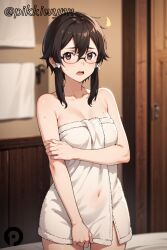 ai_generated asada_shino bangs bare_shoulders black_hair blurry blurry_background blush breasts brown_eyes brown_hair cleavage collarbone covered_navel cowboy_shot female glasses hair_between_eyes hair_ribbon indoors looking_at_viewer medium_breasts naked_towel open_mouth pikkiwynn ribbon sidelocks solo sword_art_online towel