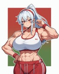 abs ai_generated female female_bodybuilder female_focus female_only hairband hairtie jorgecarlosai long_hair muscular muscular_female ponytail sports_bra sports_uniform sportswear tagme tall tall_female tied_hair toned toned_female white_hair