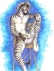 2003 anthro anthro_only ayame_emaya balls blue_background chair cocky equid equine erection furniture genitals hand_on_knee hand_on_leg hand_on_thigh male male/male male_only mammal nude on_chair signature simple_background sitting sitting_on_chair solo stripes white_background zebra