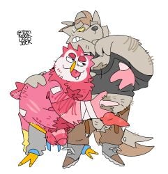 anthro anthro_only avian balls belly_rub bird bodily_fluids body_hair canid canine canis clothed clothing duo gay genital_fluids genitals grey_body hi_res huey_(tomnookusedjock) humanoid_genitalia imminent_sex knot male male/male mammal owl partially_clothed pink_body precum scruffy tomnookusedjock tongue tongue_out wolf wulfric_(tomnookusedjock)