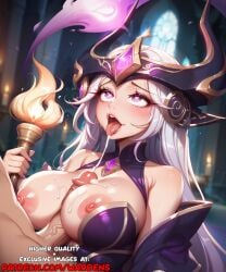 1boy 1boy1girl 1girls ahe_gao ai_generated big_breasts big_penis boobjob breasts clothed cum cum_in_mouth cum_on_breasts cum_string female helmet league_of_legends league_of_legends:_wild_rift long_hair long_sleeves magic male open_mouth paizuri purple_magic syndra titjob tits_out torch wardens white_hair