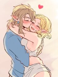 1boy 1boy1girl 1girls aorin arms_around_partner arms_around_waist blonde_hair blush closed_eyes elf elf_ears elf_female embrace female hip_grab hugging kissing kissing_cheek link link_(tears_of_the_kingdom) male princess_zelda sleeveless_shirt smile smiling tears_of_the_kingdom the_legend_of_zelda wholesome zelda_(tears_of_the_kingdom)