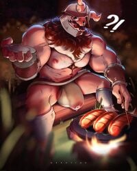 1boy alternate_muscle_size bara beard body_fur brown_hair bulge cooking cum cum_in_clothes cum_through_clothes dungeon_meshi dwarf facial_hair fake_horns feet_out_of_frame flaccid food foreskin fundoshi gay hairy helmet highres holding holding_plate horned_helmet horns incoming_food japanese_clothes large_bulge large_pectorals long_beard looking_at_viewer male male_focus male_only muscular muscular_male navel navel_hair nekotine nekotine_art nipples pectorals plate sausage see-through senshi_(dungeon_meshi) sitting solo sparse_chest_hair spread_legs testicle_peek thick_mustache very_long_beard wet wet_clothes wet_fundoshi yaoi