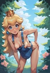 1girls ai_generated bent_over blonde_hair blue_eyes blush breasts breasts_out crown down_blouse earrings exposed_breasts female hanging_breasts light-skinned_female light_skin long_hair looking_at_viewer mario_(series) naked_overalls nintendo overalls overalls_only petite princess_peach puffy_nipples sagging_breasts skinny slim small_breasts solo solo_female thekexo