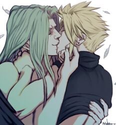 blonde_hair closed_eyes clothes_lift cloud_strife color earrings feathers felixfellow final_fantasy final_fantasy_vii kissing long_hair male male/male male_only sephiroth spiky_hair square_enix turtleneck white_background white_hair yaoi