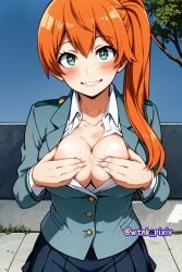 1girls ai_generated big_breasts boku_no_hero_academia cleavage female female_only human itsuka_kendou kendou_itsuka my_hero_academia orange_hair school_uniform showing_breasts smile solo teasing